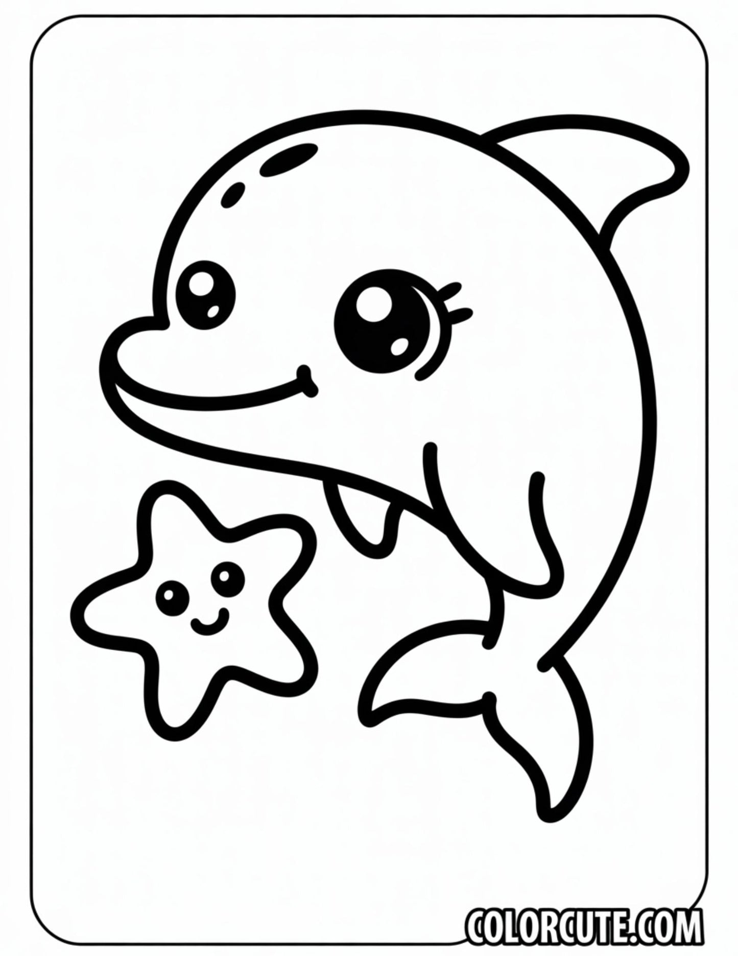 Kawaii Dolphin with Starfish Coloring Page | Free PDF Printables