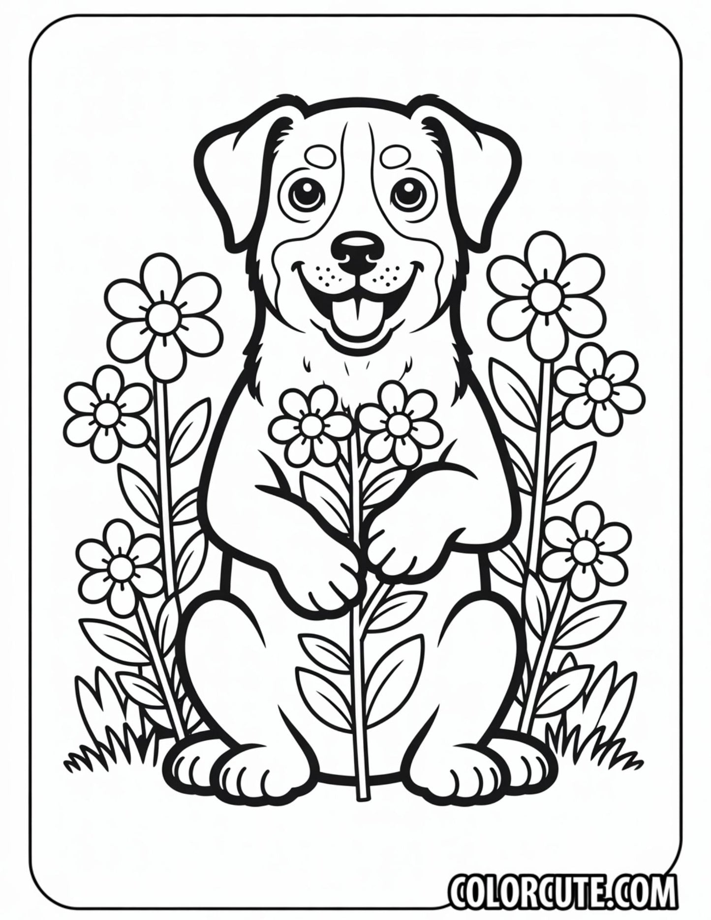 Cute Dog Surrounded by Flowers Coloring Page | Free PDF Printables