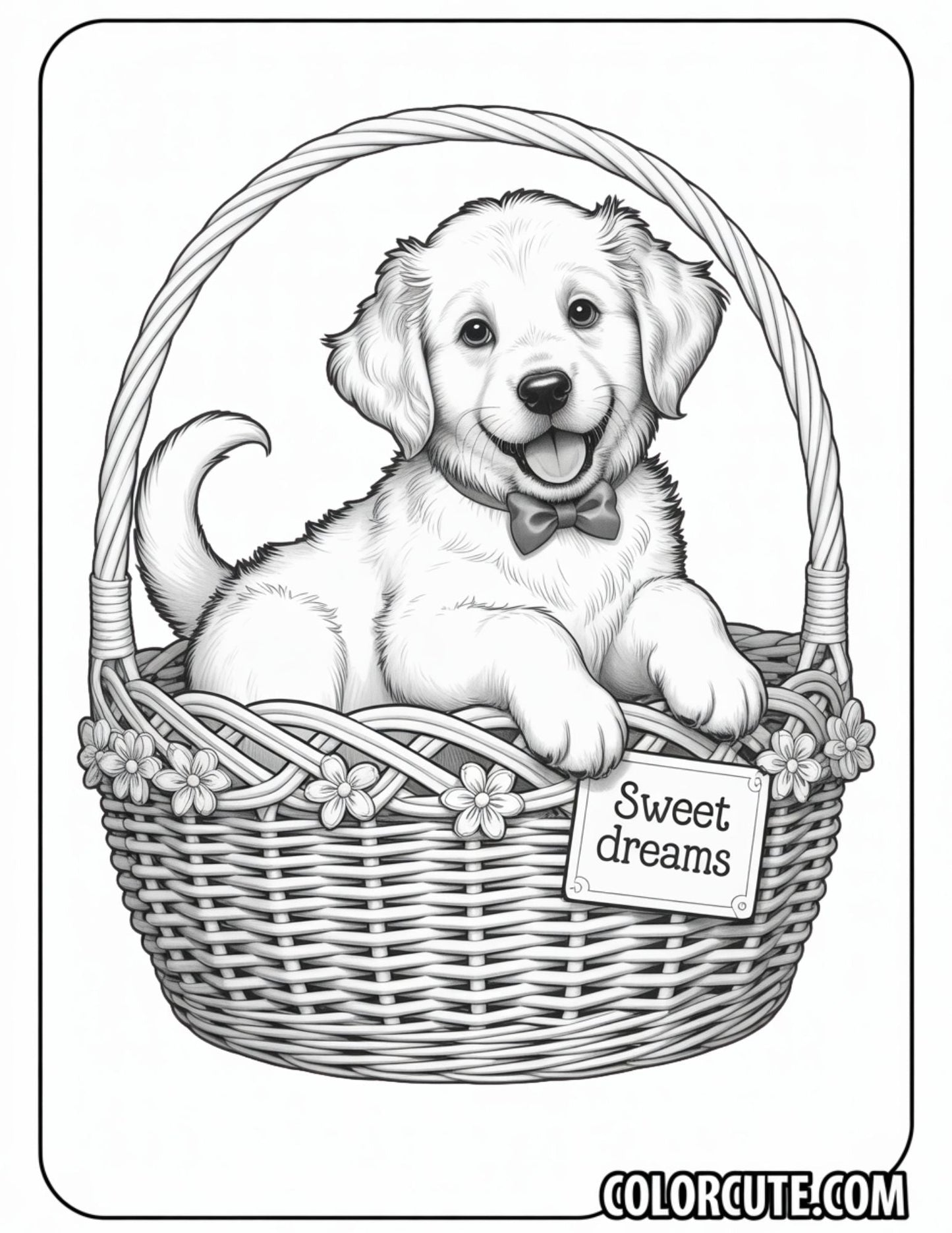 Puppy in a Wicker Basket Coloring Page | Free PDF Printables