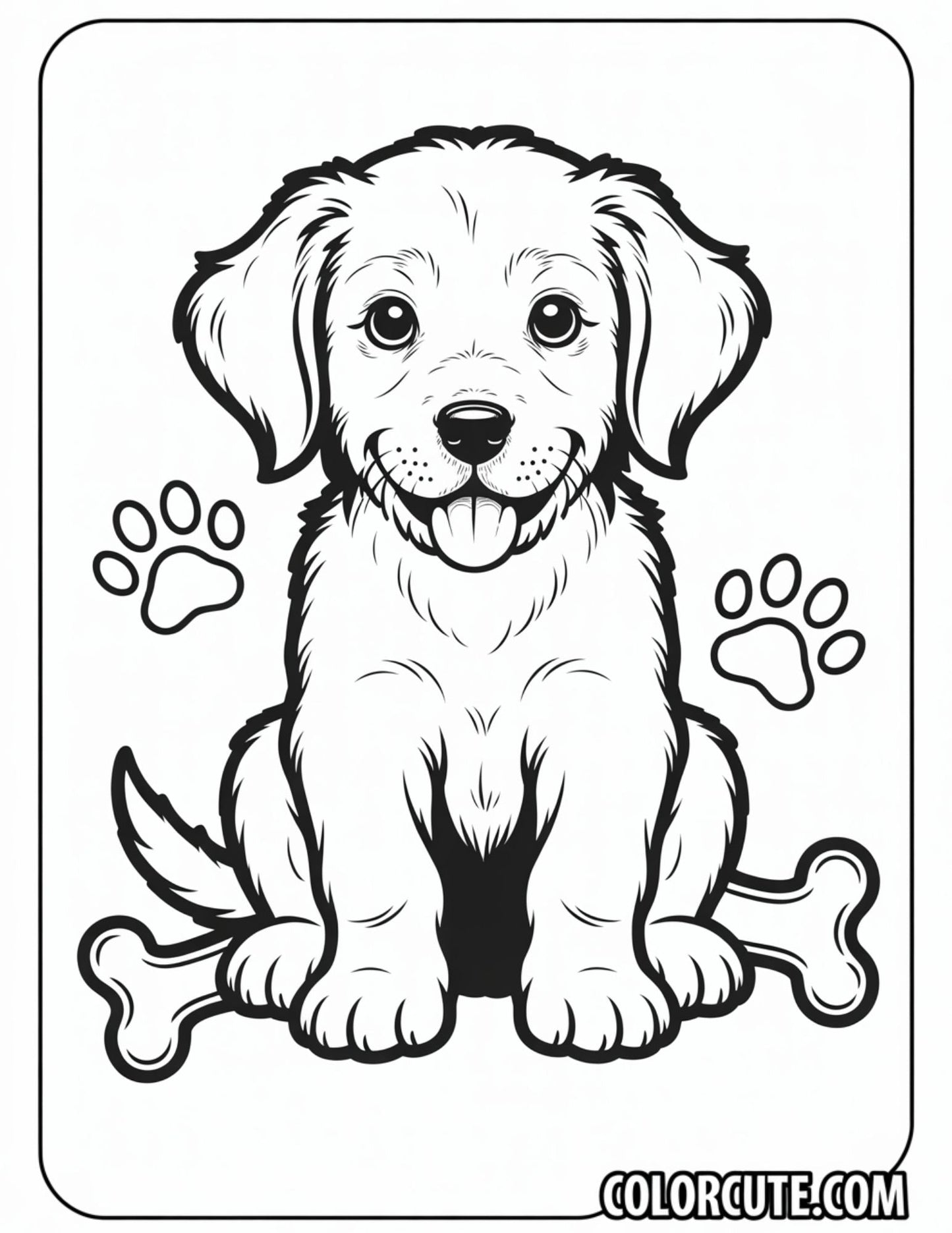 Puppy with Bone and Paw Prints Coloring Page | Free PDF Printables