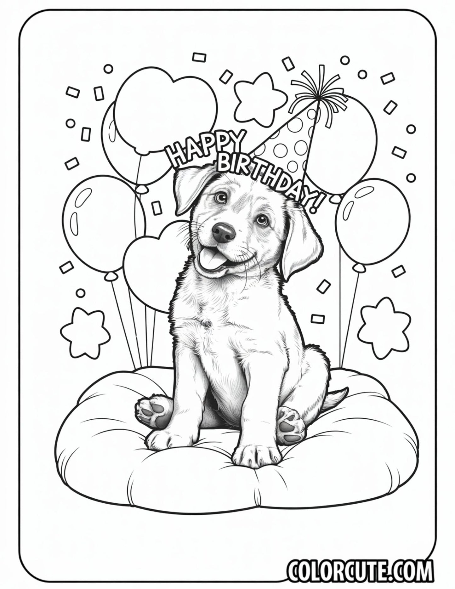 Birthday Puppy with Hearts Coloring Page | Free PDF Printables