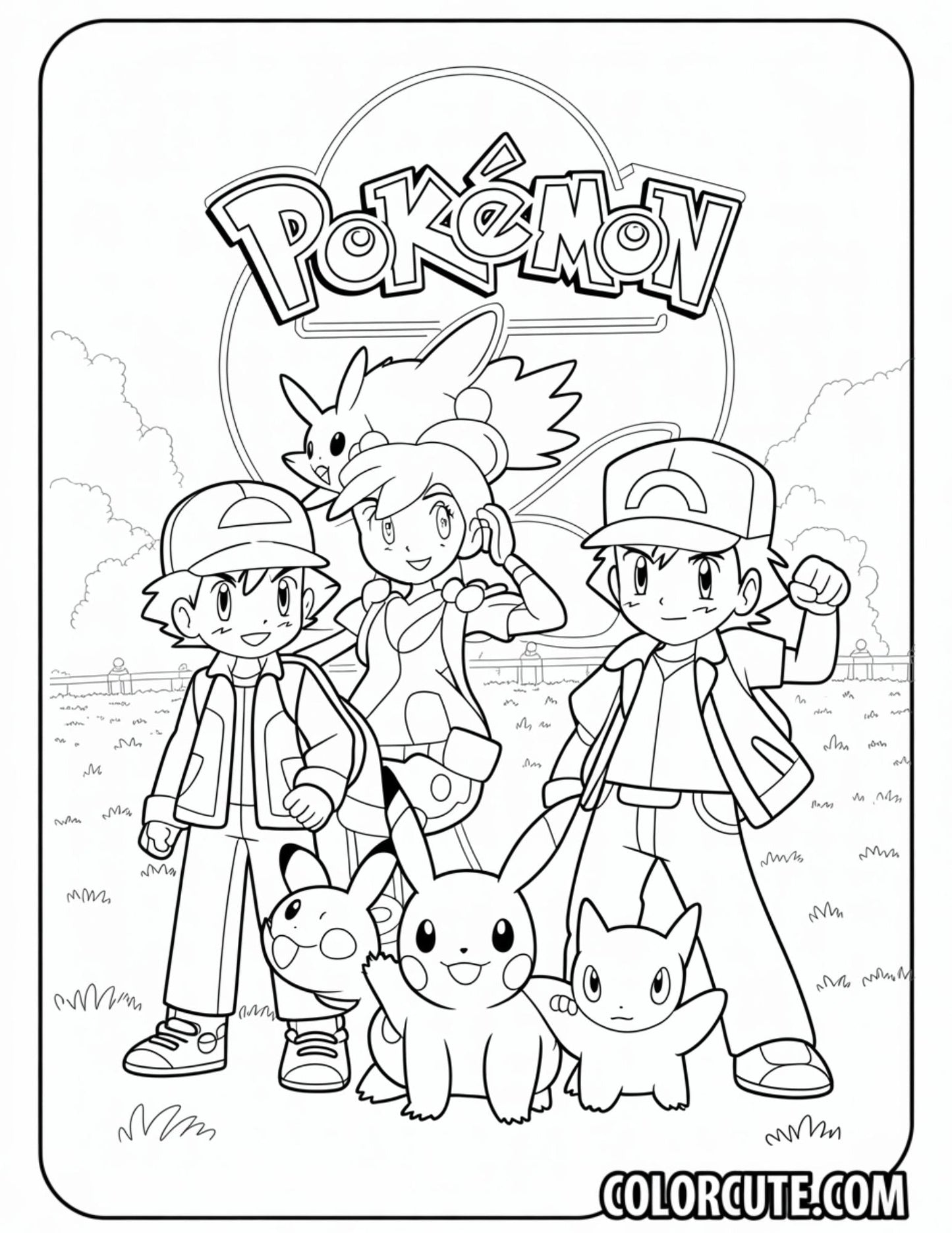 Pokémon Trainers Group Coloring Pages | Free PDF Printables