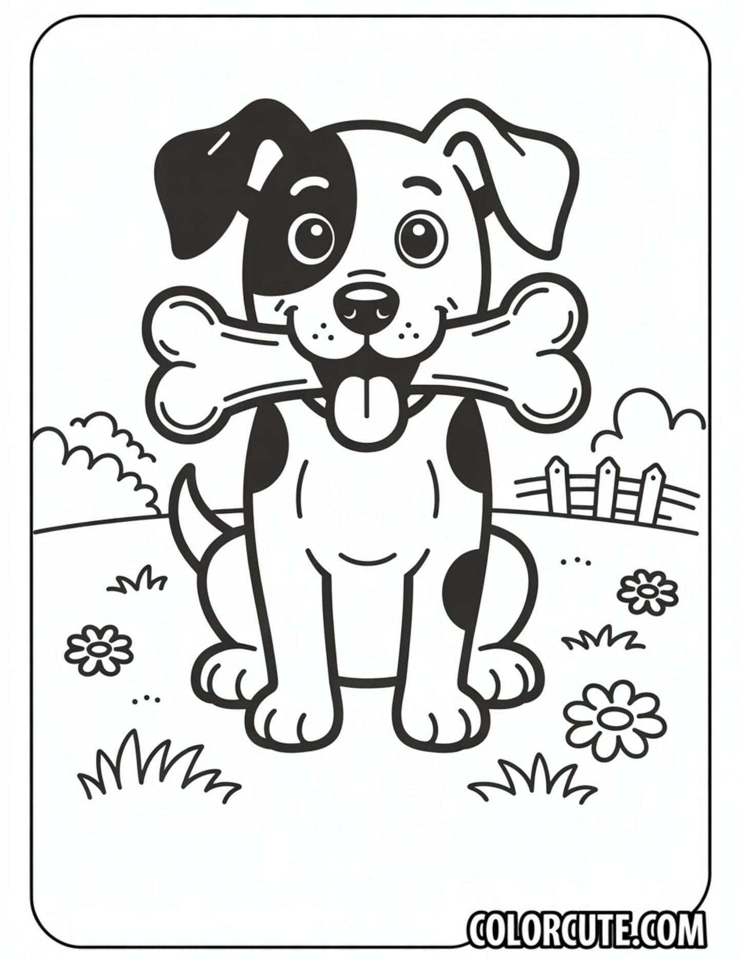 Puppy Holding a Big Bone Coloring Page | Free PDF Printables