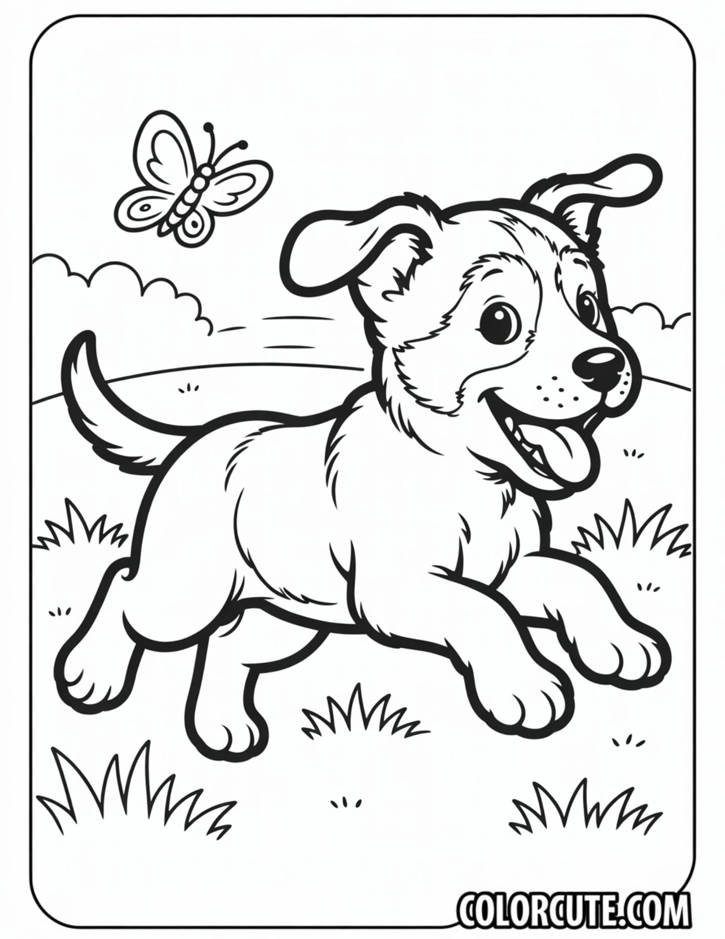 Happy Puppy Running in Grass Coloring Page | Free PDF Printables