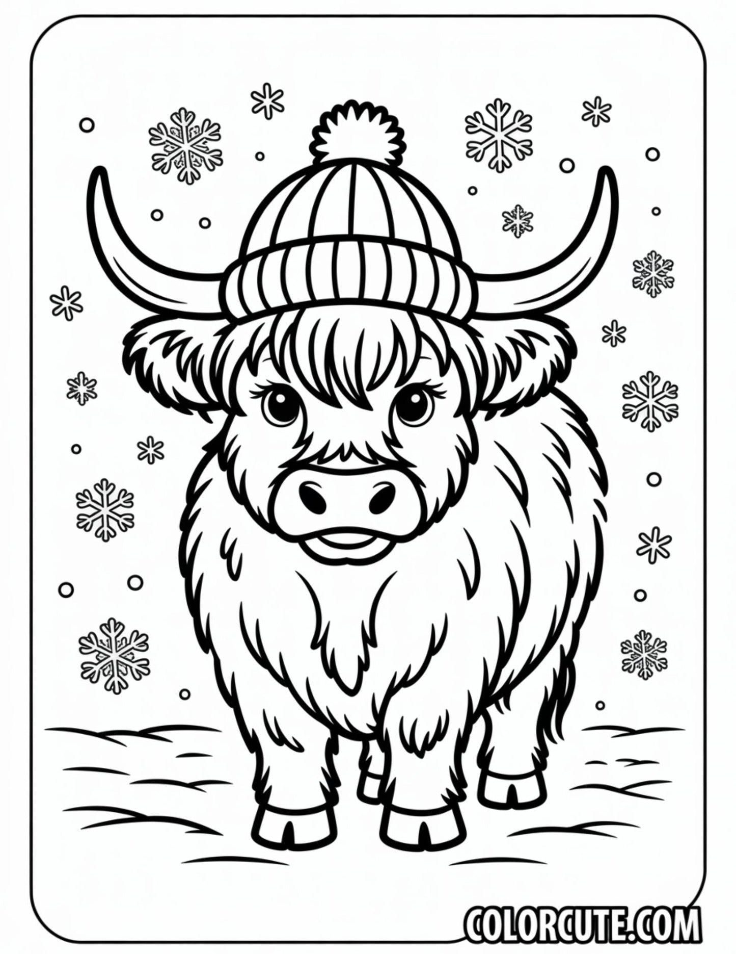 Winter Highland Cow Coloring Pages | Free PDF Printables