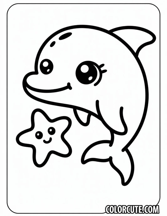Kawaii Dolphin with Starfish Coloring Page | Free PDF Printables