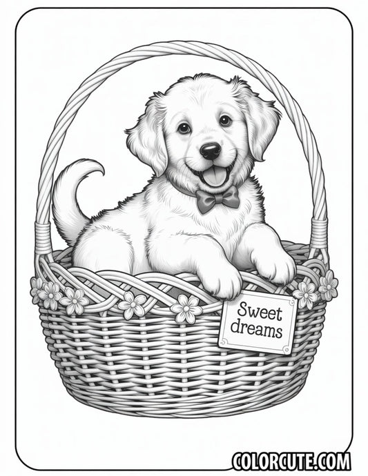 Puppy in a Wicker Basket Coloring Page | Free PDF Printables