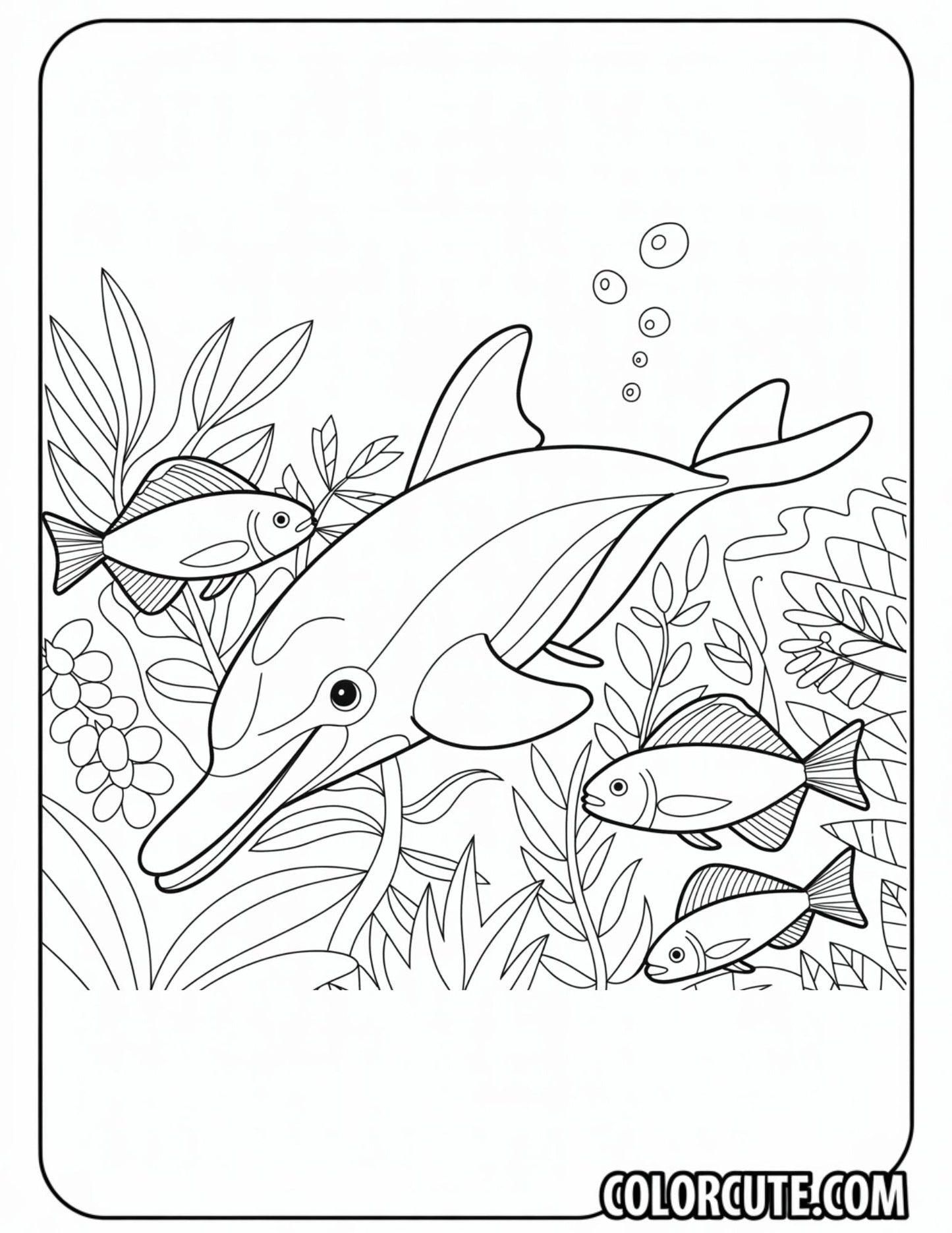 Dolphin Swimming in Coral Reef Coloring Page | Free PDF Printables