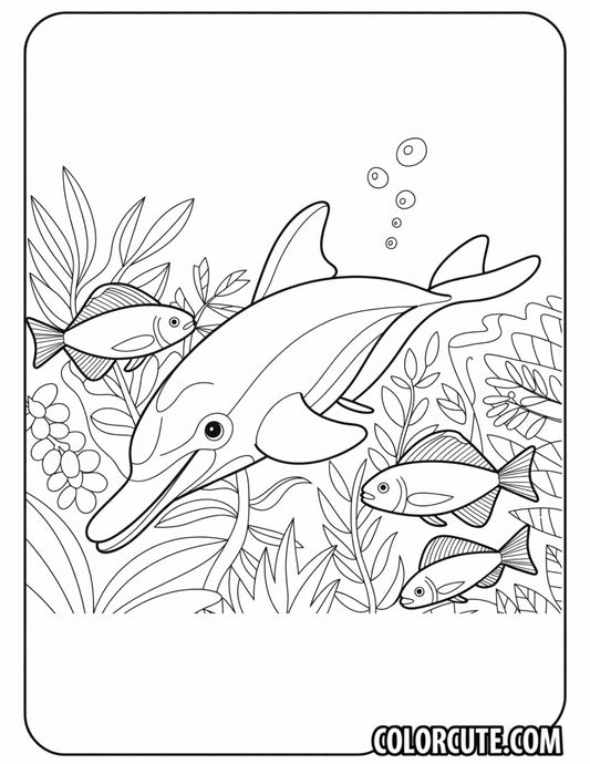 Dolphin Swimming in Coral Reef Coloring Page | Free PDF Printables
