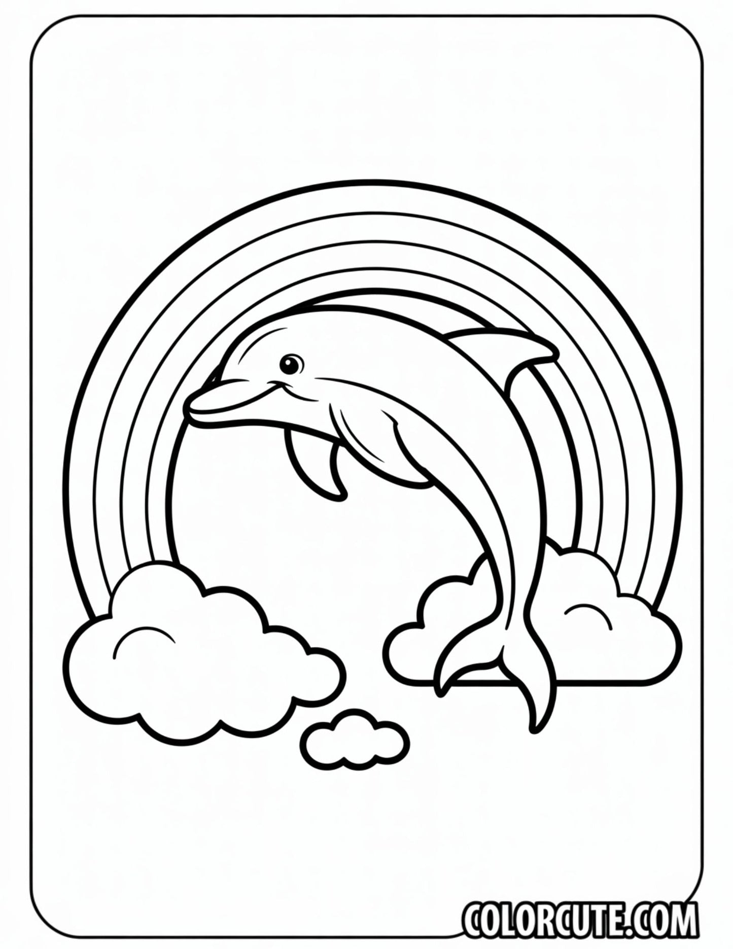 Rainbow Dolphin with Clouds Coloring Page | Free PDF Printables