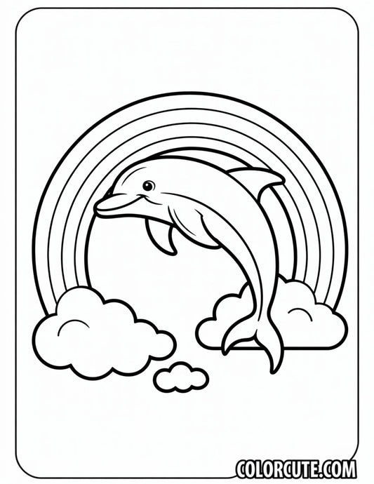 Rainbow Dolphin with Clouds Coloring Page | Free PDF Printables