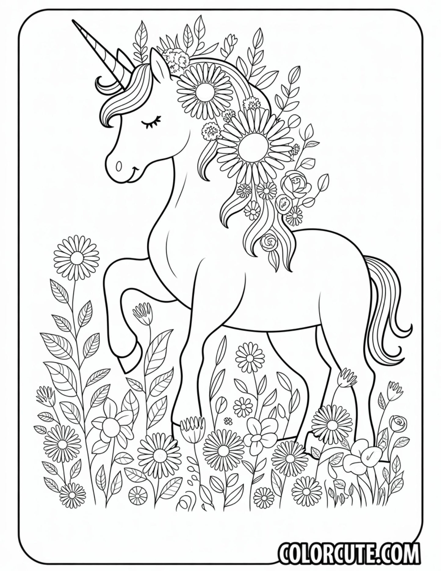 Unicorn with Flowers Coloring Pages | Free PDF Printables