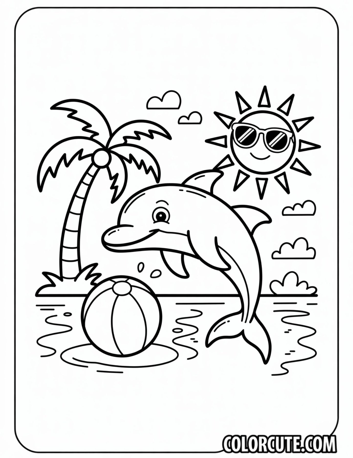 Summer Dolphin on Beach Coloring Page | Free PDF Printables