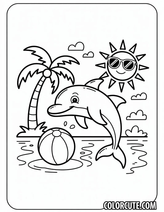 Summer Dolphin on Beach Coloring Page | Free PDF Printables