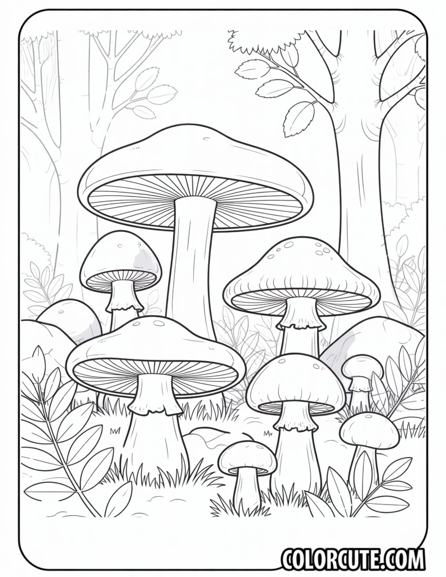 Mushrooms in Forest Scene Coloring Pages | Free PDF Printables