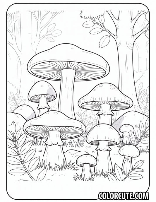 Mushrooms in Forest Scene Coloring Pages | Free PDF Printables