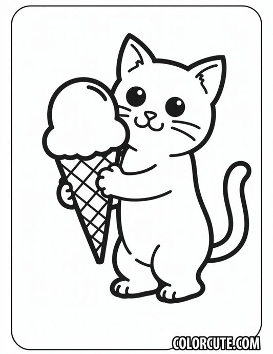 Kitty Holding Ice Cream Cone Coloring Page | Free PDF Printables