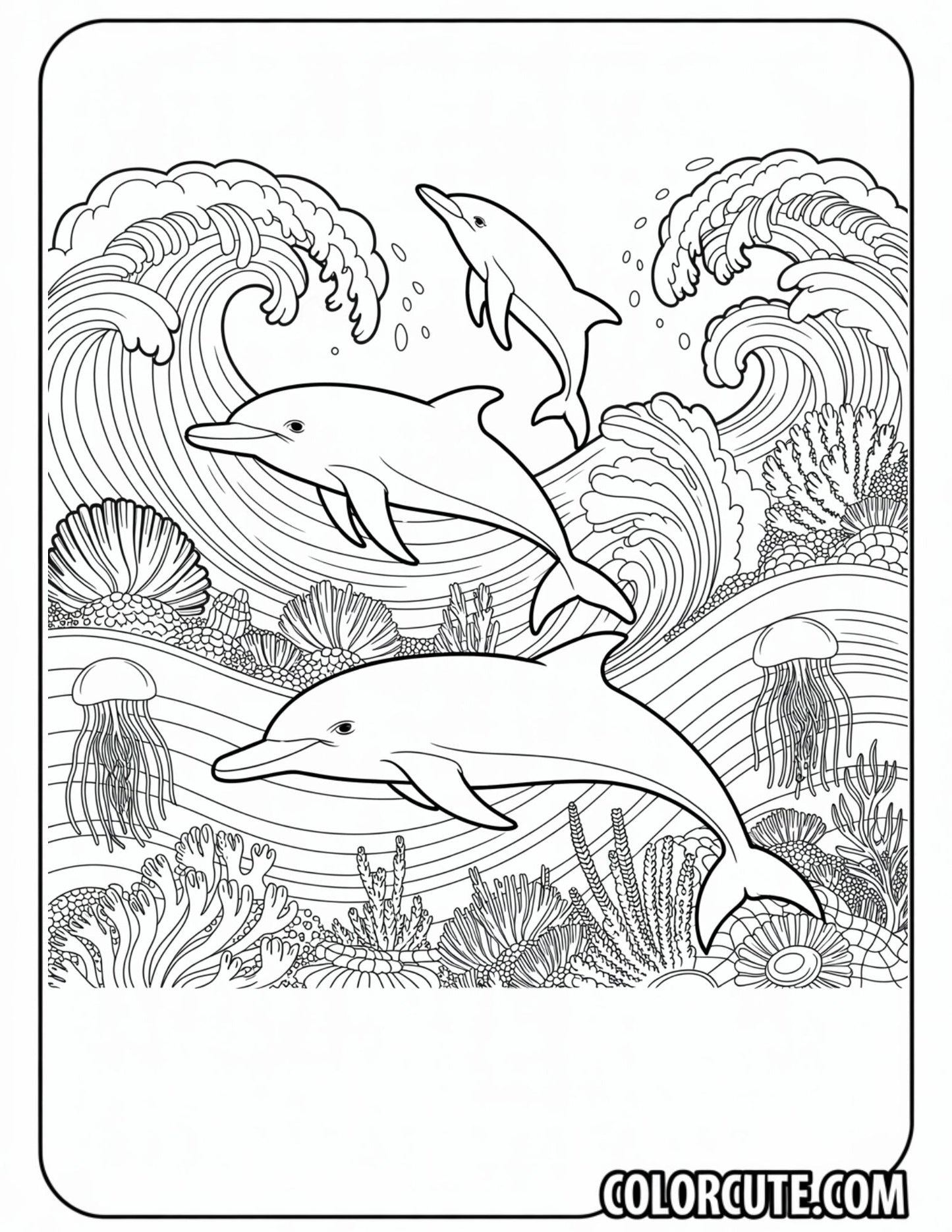 Advanced Dolphin Wave Scene Coloring Page | Free PDF Printables