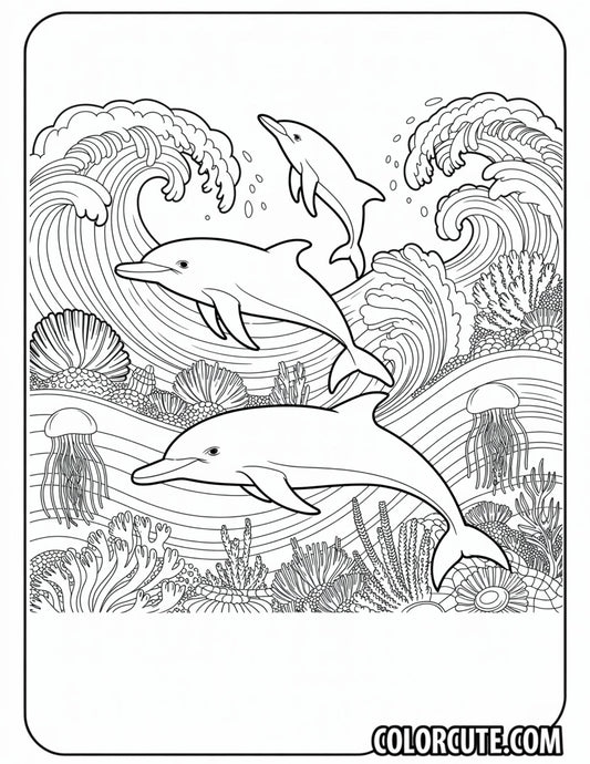 Advanced Dolphin Wave Scene Coloring Page | Free PDF Printables