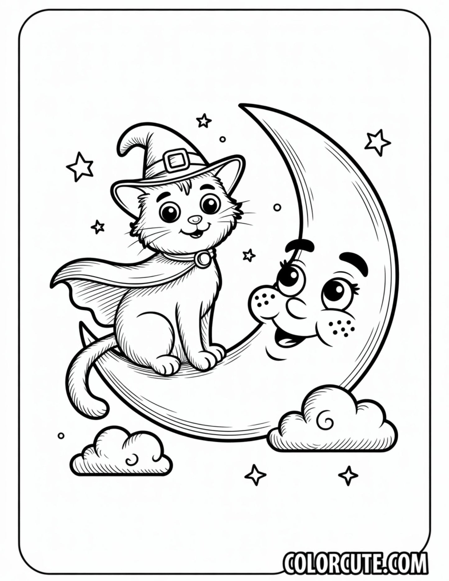 Cat and Moon Halloween Coloring Pages | Free PDF Printables