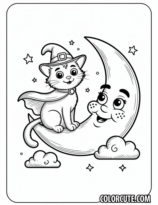 Cat and Moon Halloween Coloring Pages | Free PDF Printables