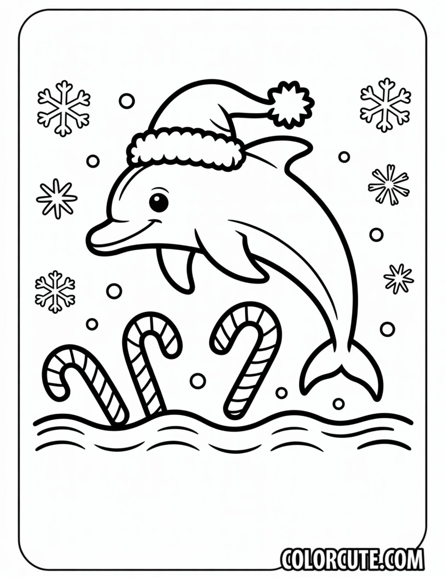 Christmas Dolphin with Candy Canes Coloring Page | Free PDF Print