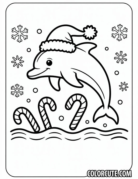Christmas Dolphin with Candy Canes Coloring Page | Free PDF Print