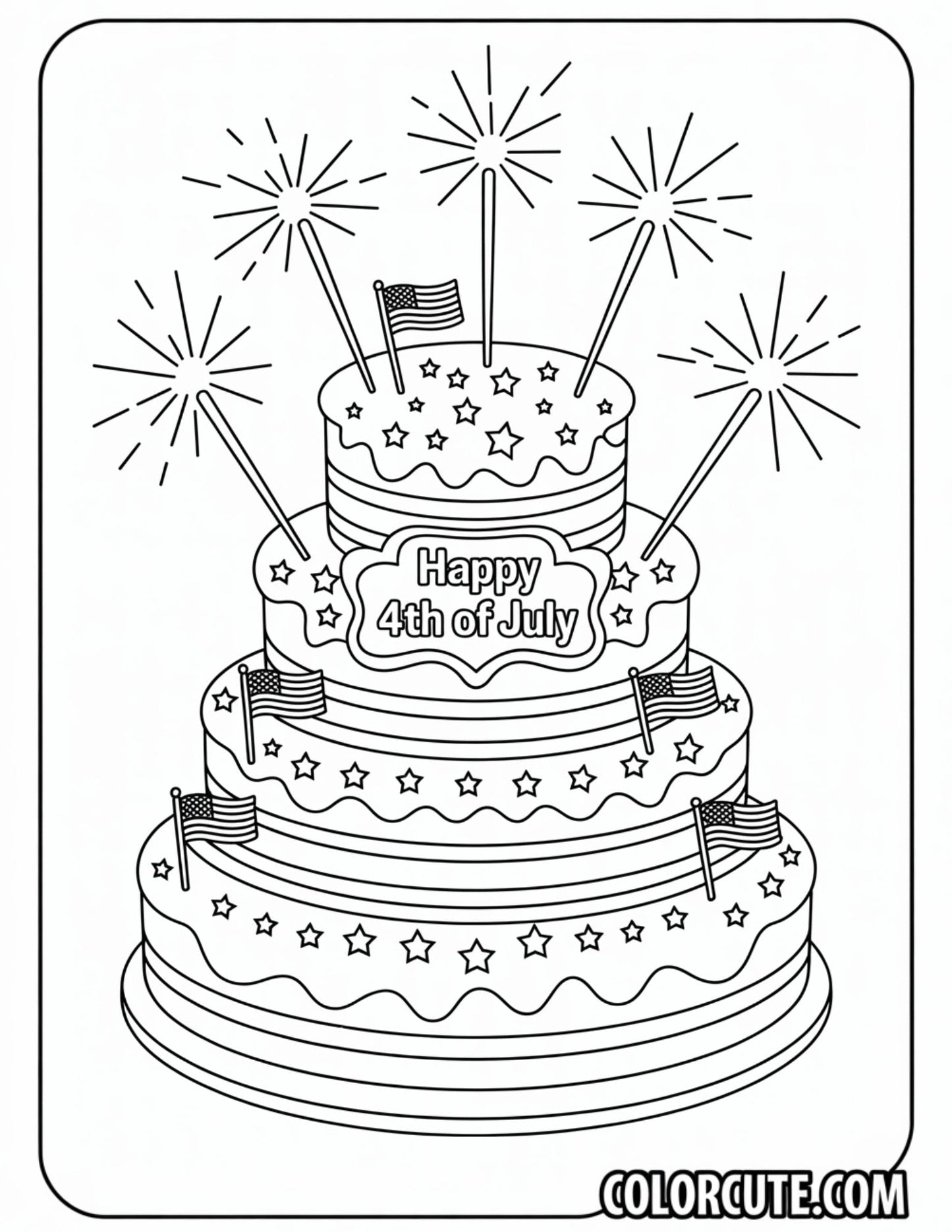 4th of July Cake Coloring Pages | Free PDF Printables