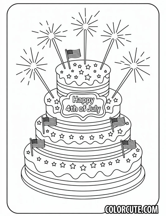 4th of July Cake Coloring Pages | Free PDF Printables