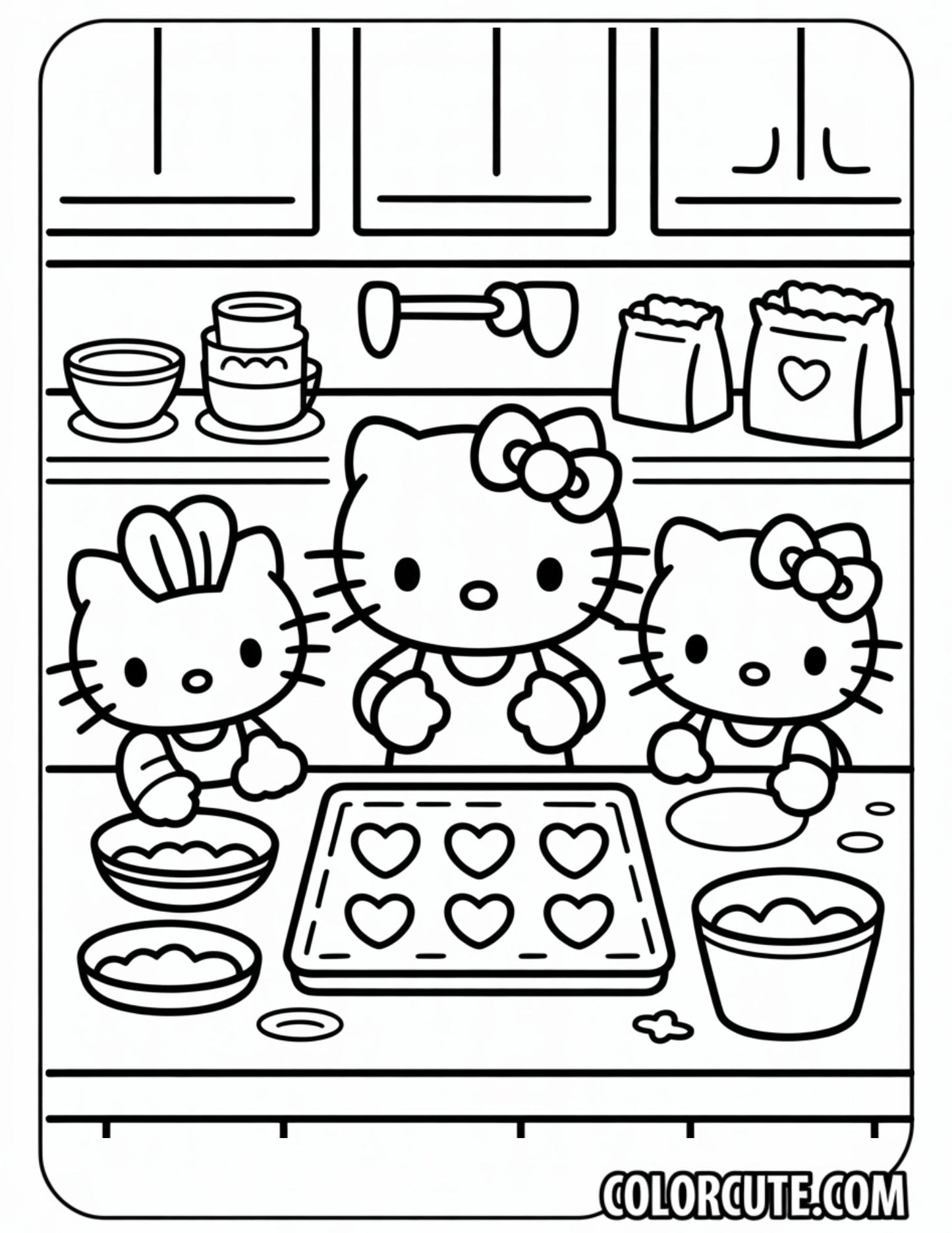 Hello Kitty Baking with Friends Coloring Page | Free PDF Printables