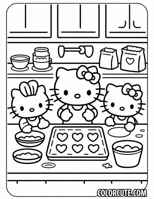 Hello Kitty Baking with Friends Coloring Page | Free PDF Printables