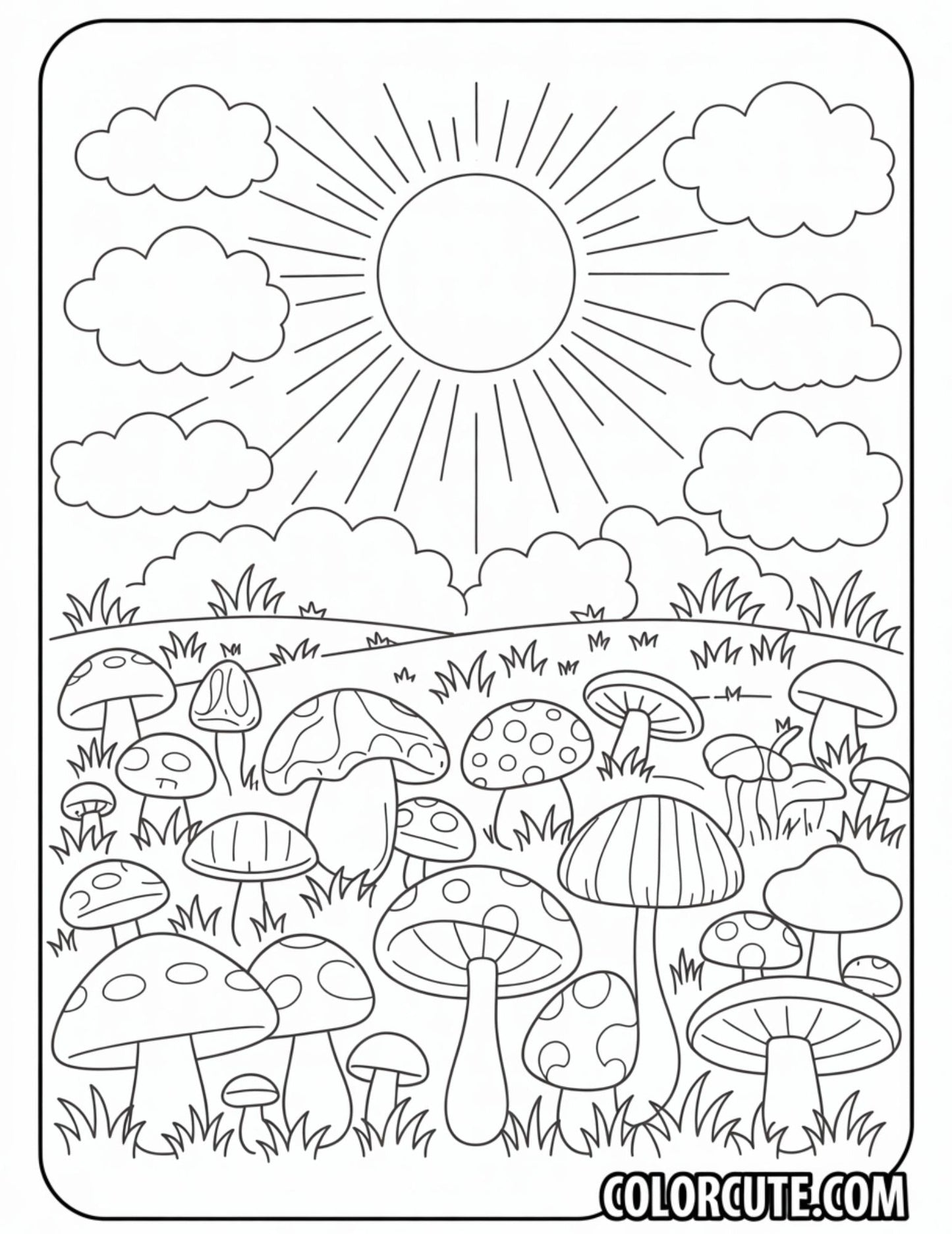 Sun and Mushroom Field Coloring Pages | Free PDF Printables