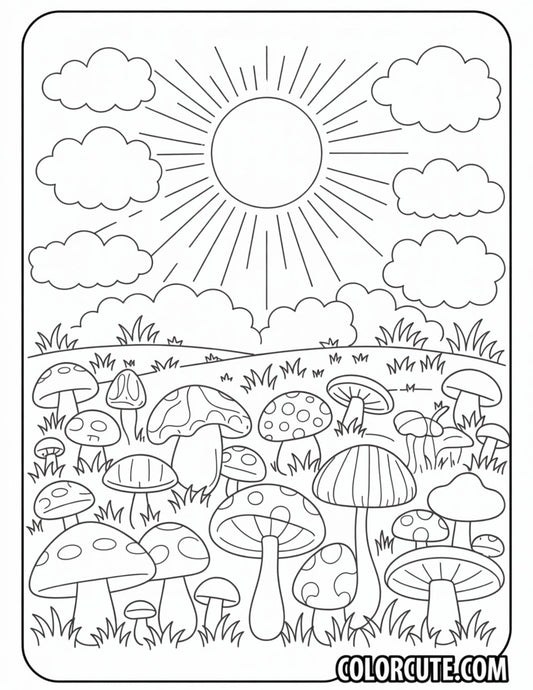 Sun and Mushroom Field Coloring Pages | Free PDF Printables