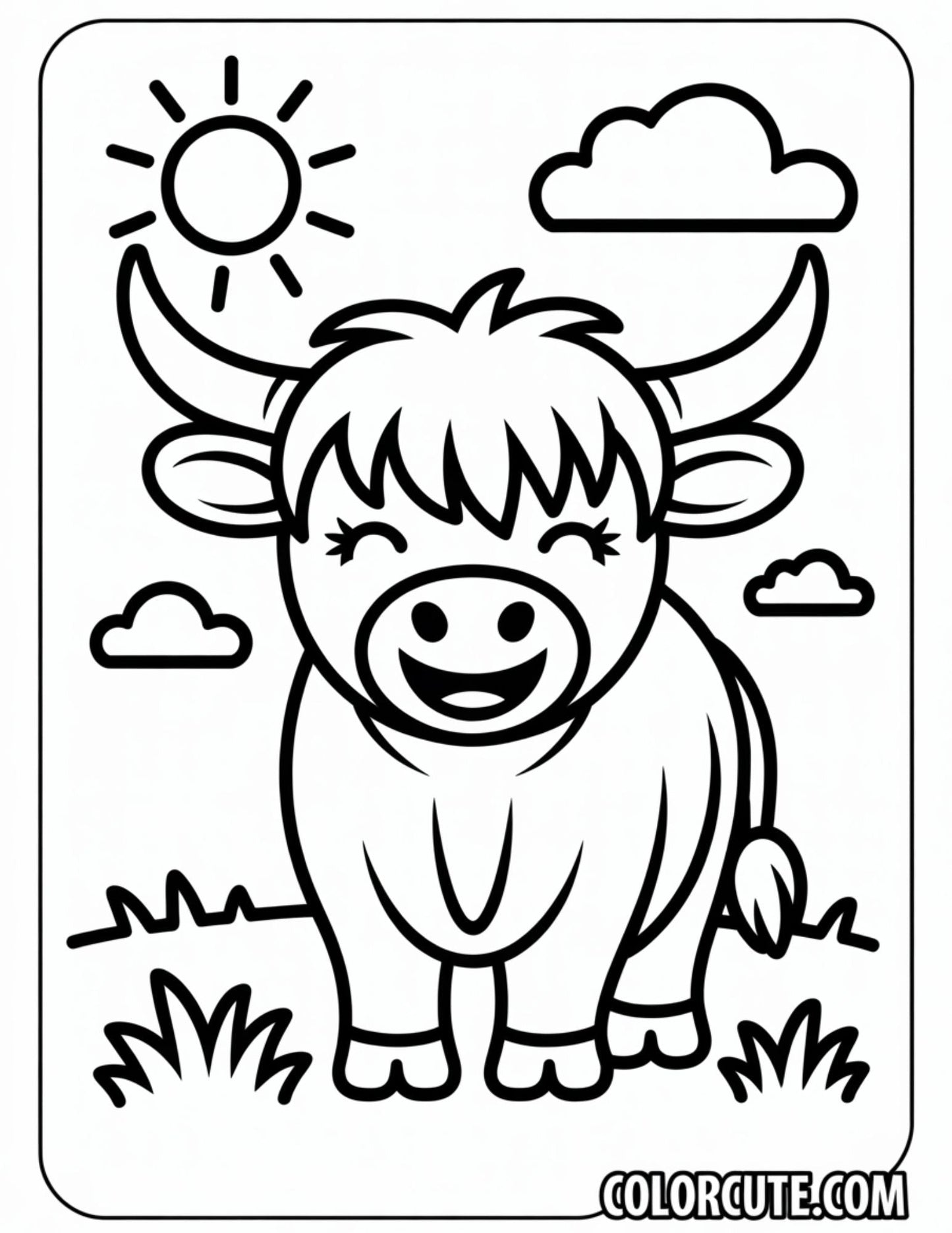 Cartoon Highland Cow Coloring Pages | Free PDF Printables